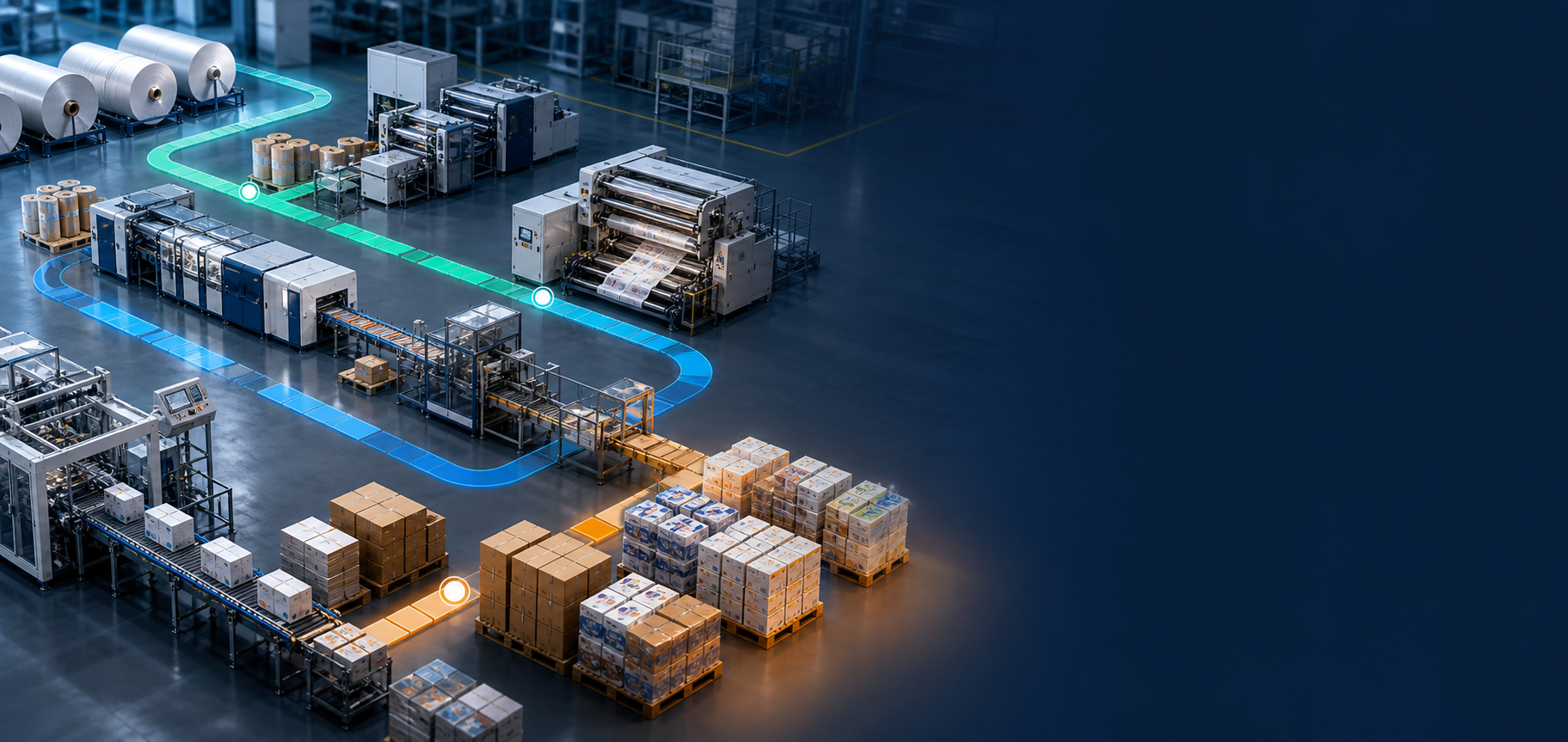 A coordinated packaging operation moving materials through synchronized production stages to completed customer orders