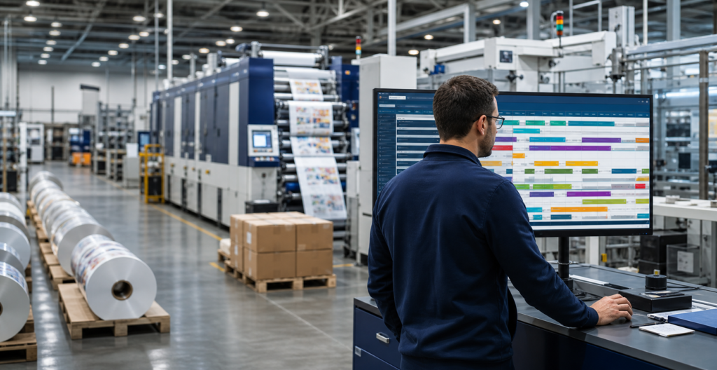 A production planner reviewing an advanced schedule in a modern packaging manufacturing facility