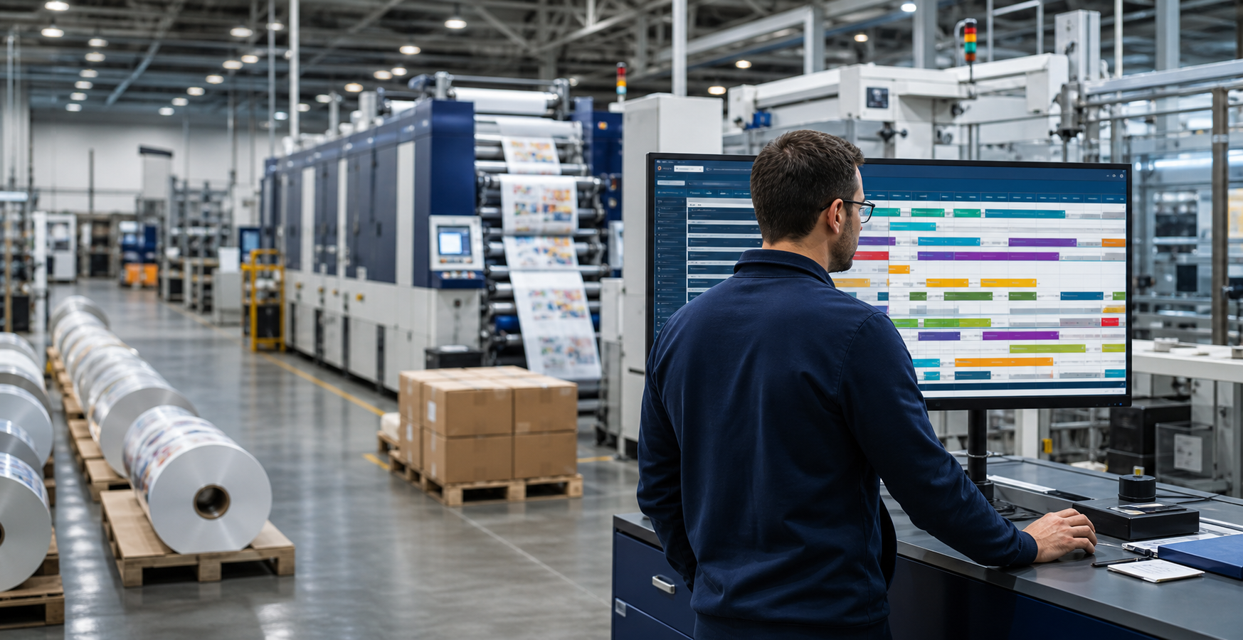 A production planner reviewing an advanced schedule in a modern packaging manufacturing facility